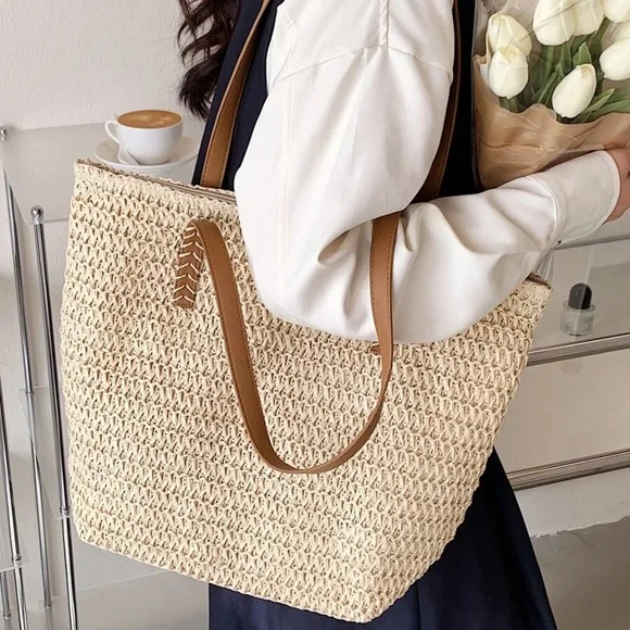Boho Vegan Leather Strap Minimalist Straw Tote Bag - Picture 3 of 14